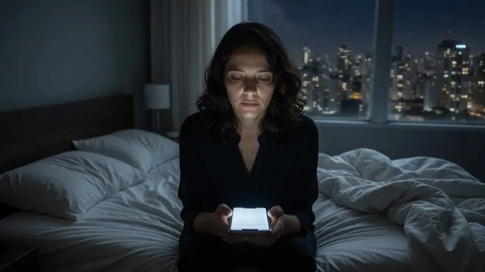 A woman sitting on the bed in the small hours, reading her phone.