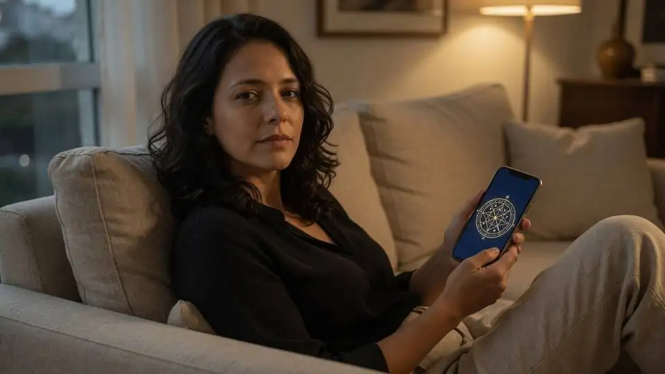 A woman on the sofa, with the chart open on her phone.
