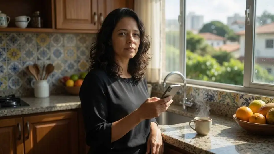 A woman in the kitchen in the morning, phone in hand, a coffee beside her.