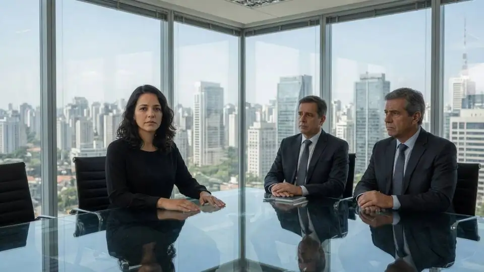 A woman at a table, facing two men in suits, in a room with a view of the city.