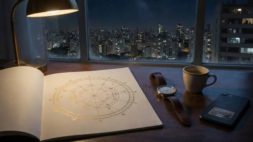 A birth chart on the table, beside a clock and a cup.