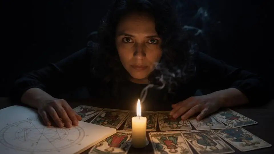 A reader by candlelight, with cards on the table.